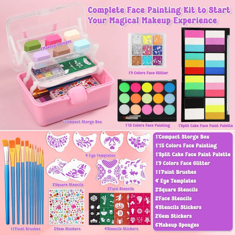 Caffox Kids Face Painting Kit with Organizer Box - Rainbow Color Non Toxic & Washable Face Paint Set with Stencils, Brush & Gems Kids Party Makeup for Halloween, Carnival & Costume - Image 3